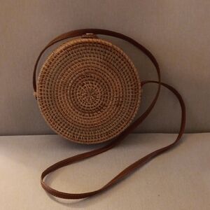 Round Woven Tan Crossbody Bag